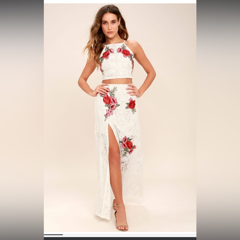 Take a Vow Ivory Lace Two-Piece Maxi Dress lulus